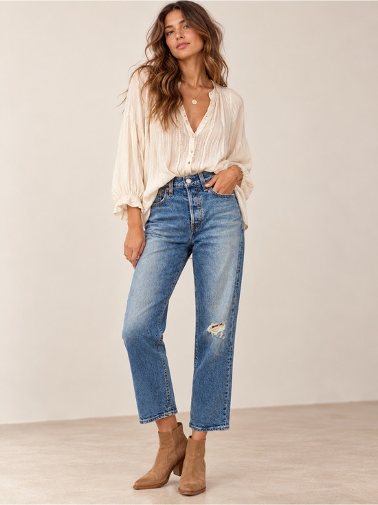 Levi's Denim - Levi’s Wedgie Straight Jeans Size 26 Medium Wash Distressed Cropped 25” Inseam